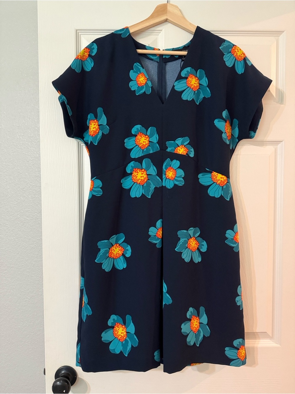 Banana Republic Navy Floral V-Neck Mini Dress with Turquoise & Orange Blooms